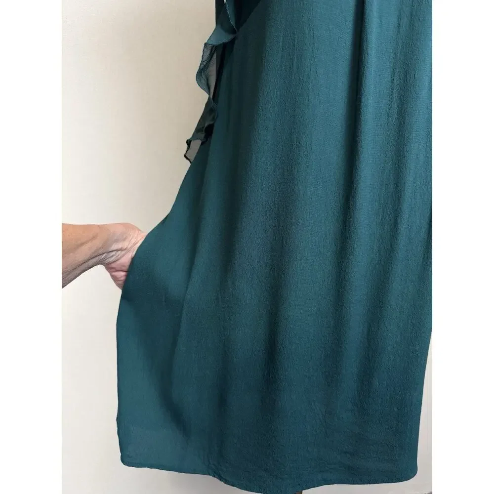 Free People Mini Dress Women’s Sz 8 Ruffle Trim Jade Green Open Sides Pockets - Picture 4 of 15